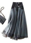Women’s High-Waisted Maxi Skirt with Sheer Overlay and Adjustable Buckle Waistband 0