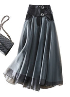 Women’s High-Waisted Maxi Skirt with Sheer Overlay and Adjustable Buckle Waistband 0