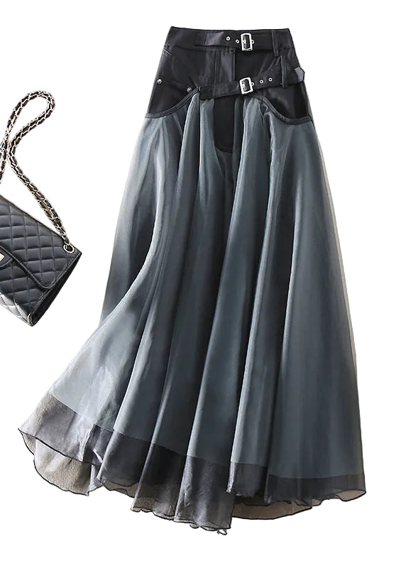 Women’s High-Waisted Maxi Skirt with Sheer Overlay and Adjustable Buckle Waistband 0