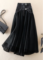 Women’s High-Waisted Maxi Skirt with Sheer Overlay and Adjustable Buckle Waistband 1