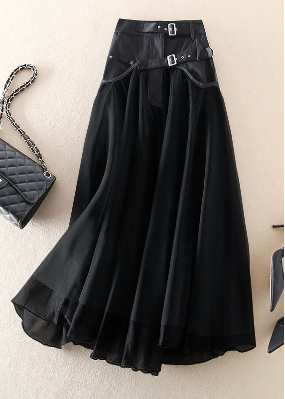 Women’s High-Waisted Maxi Skirt with Sheer Overlay and Adjustable Buckle Waistband 1