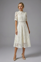 Women’s High Neckline Lace Midi Dress with Short Sleeves and Defined Waist 0