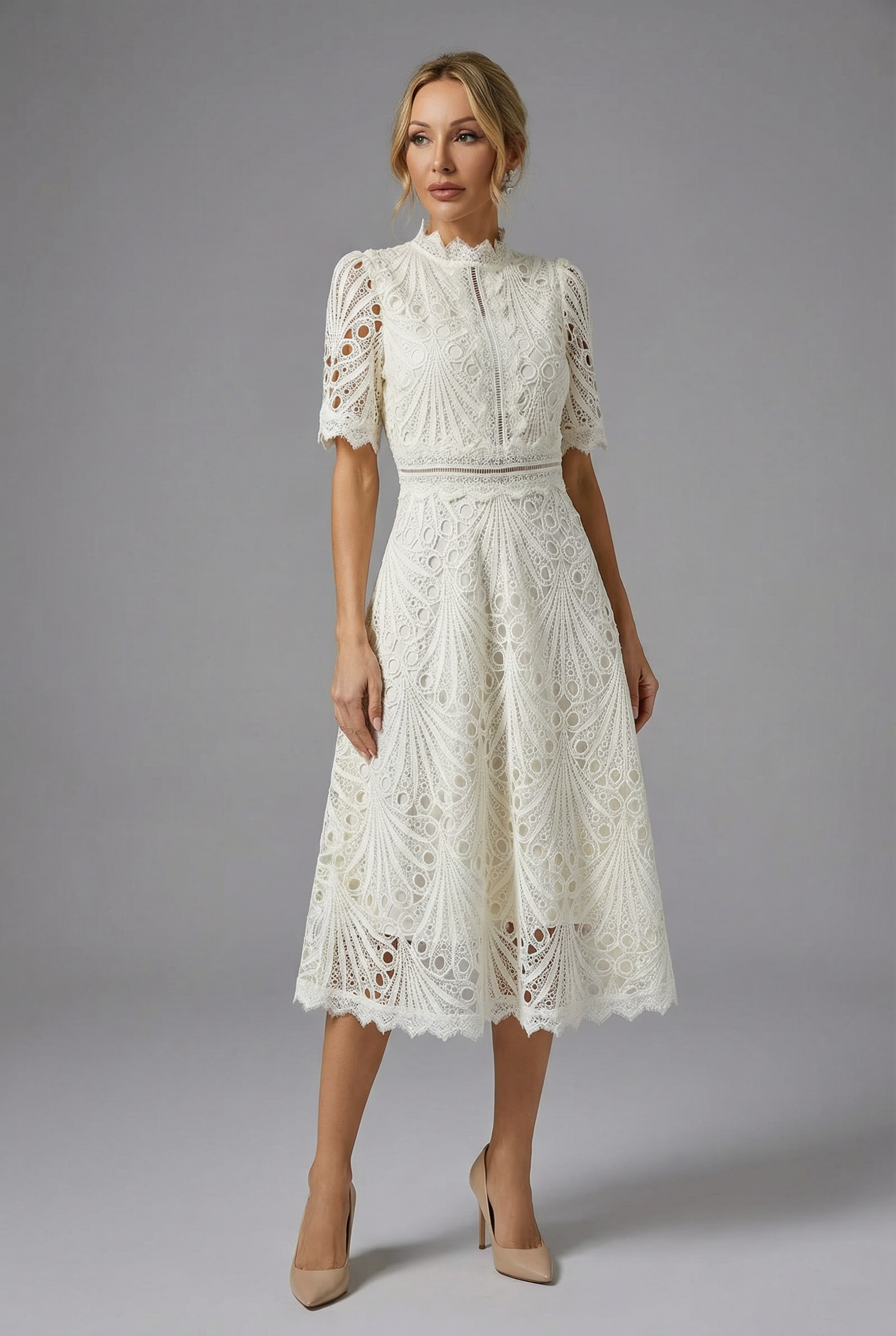 Women’s High Neckline Lace Midi Dress with Short Sleeves and Defined Waist 0