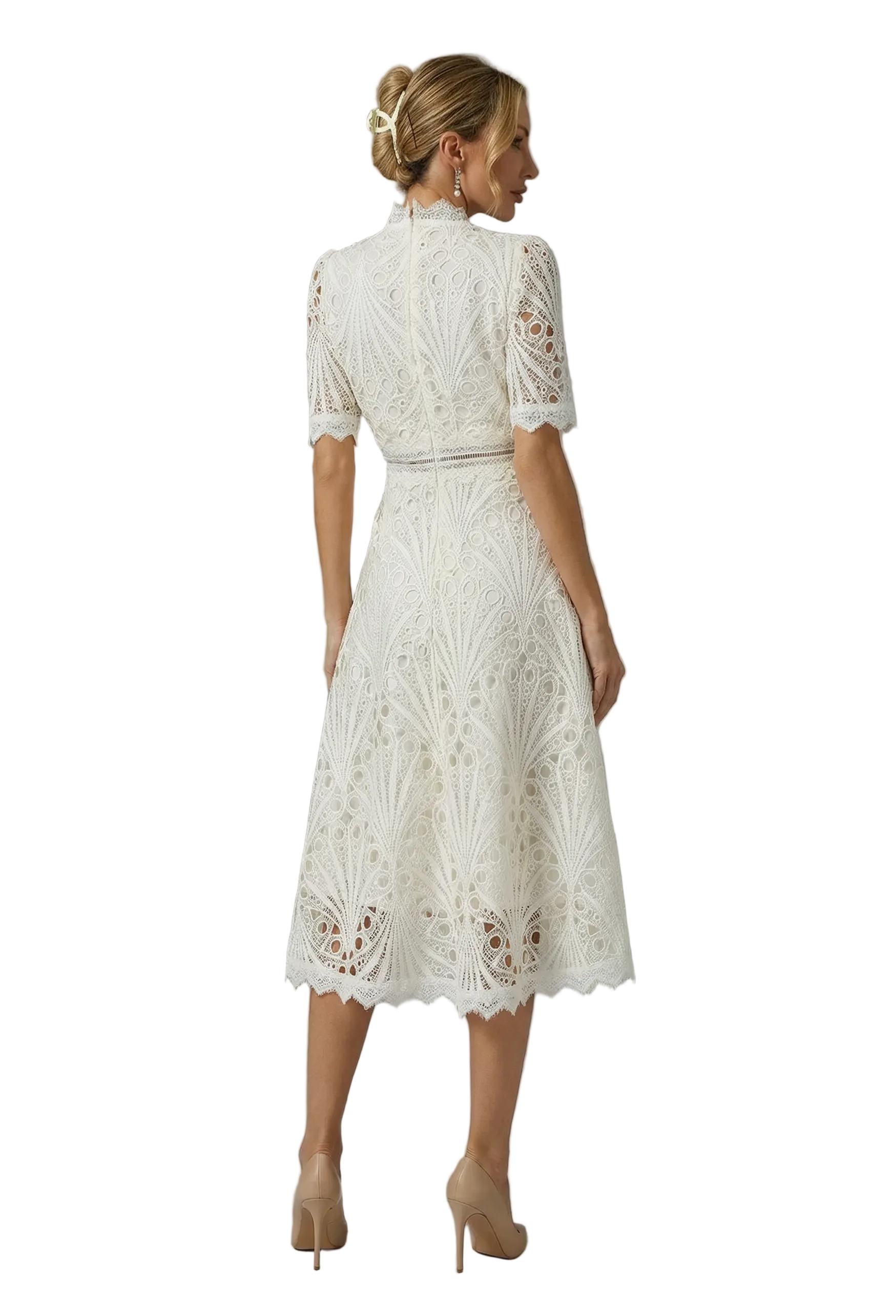 Women’s High Neckline Lace Midi Dress with Short Sleeves and Defined Waist 1