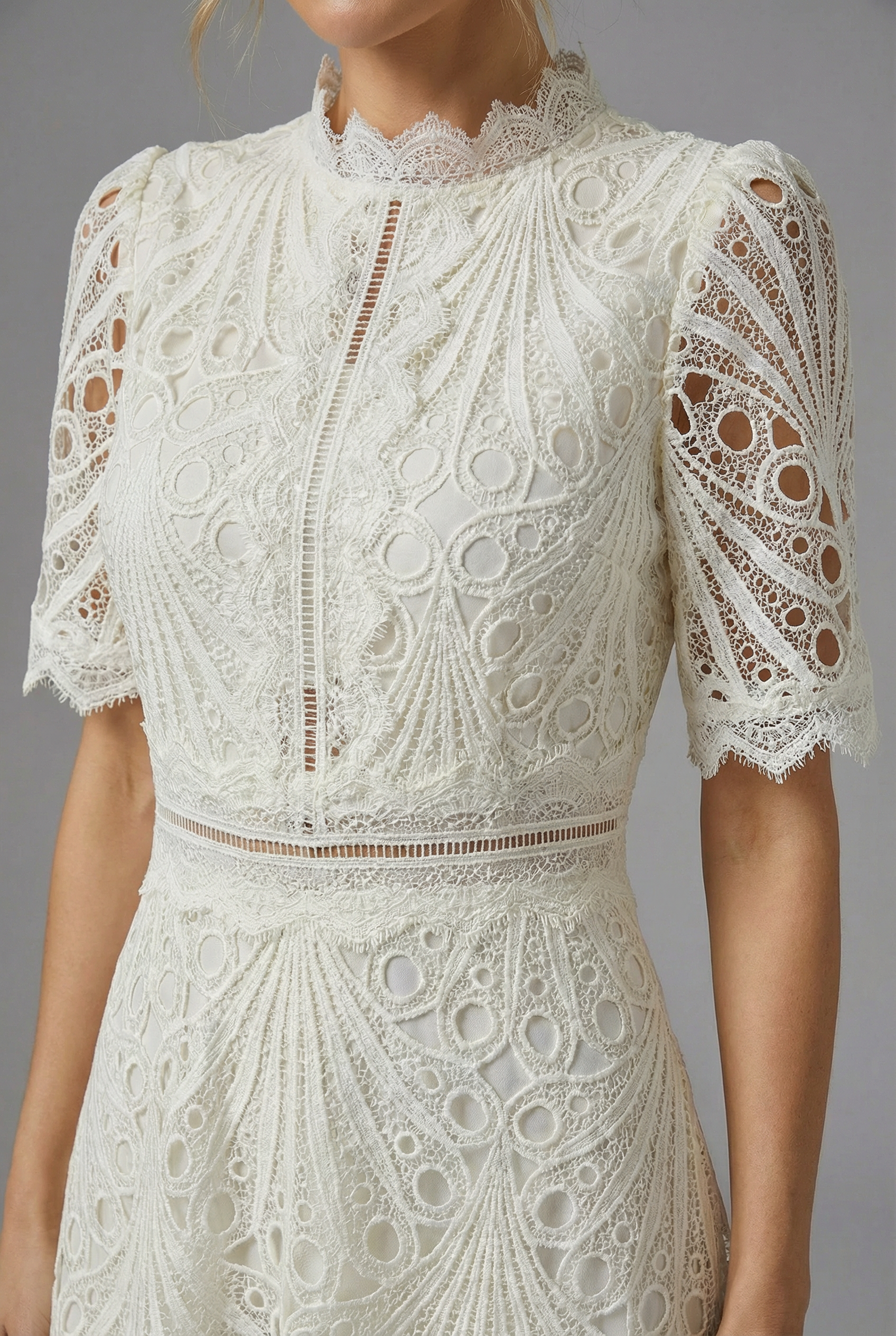 Women’s High Neckline Lace Midi Dress with Short Sleeves and Defined Waist 2