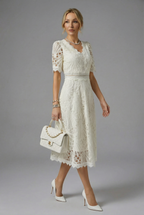 Women’s High Neckline Lace Midi Dress with Short Sleeves and Defined Waist 3