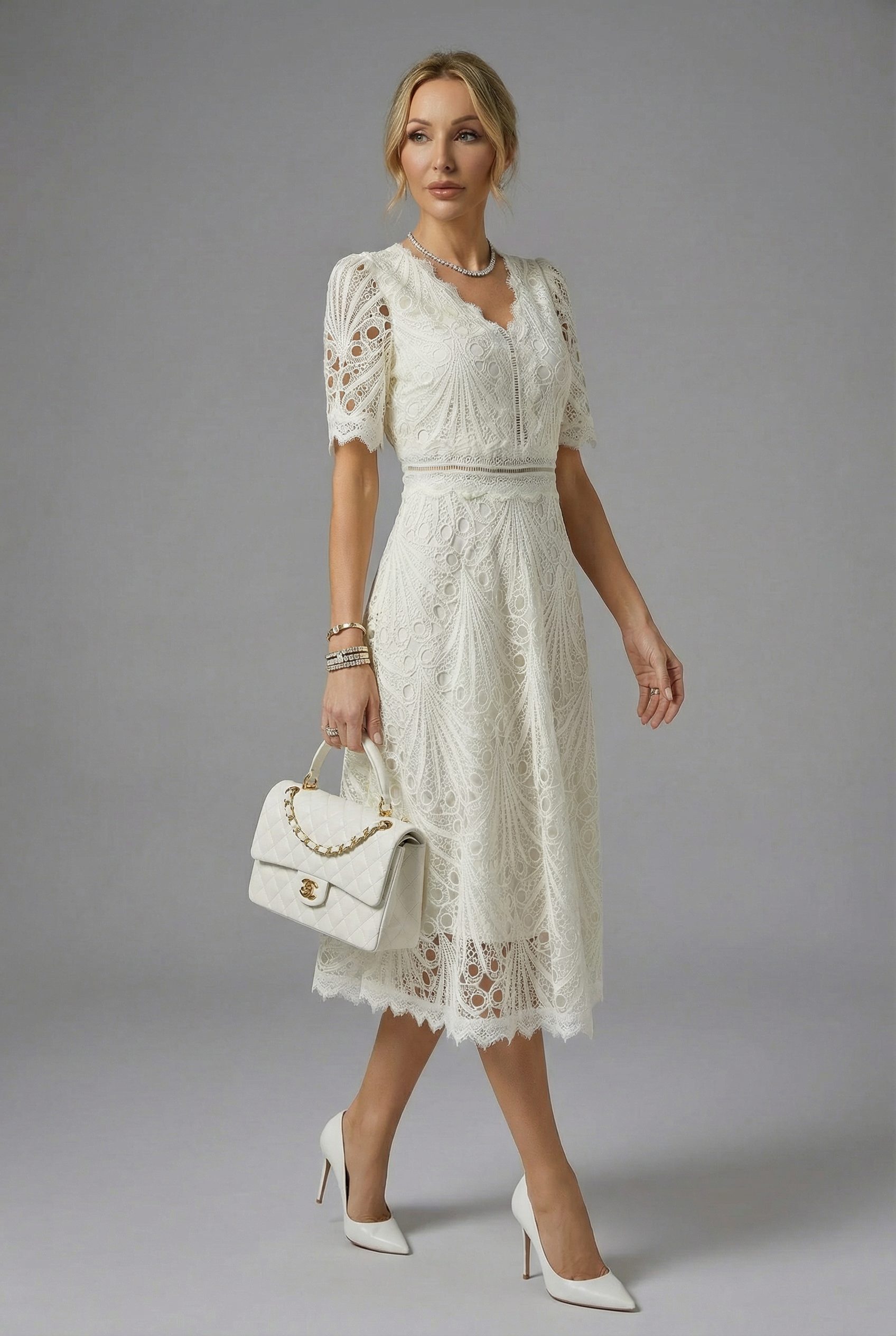 Women’s High Neckline Lace Midi Dress with Short Sleeves and Defined Waist 3