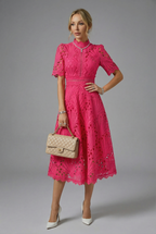Women’s High Neckline Lace Midi Dress with Short Sleeves and Defined Waist 4