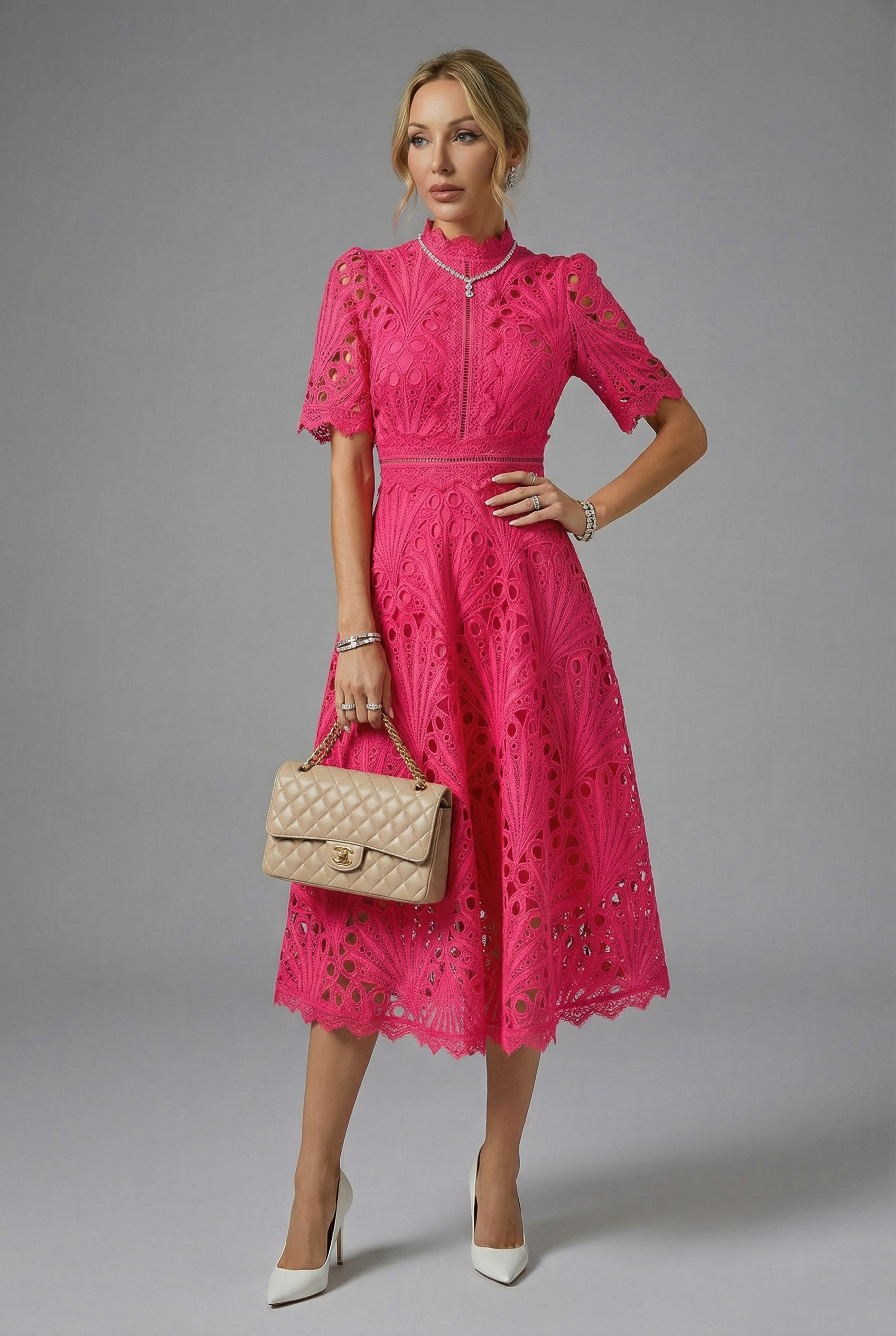 Women’s High Neckline Lace Midi Dress with Short Sleeves and Defined Waist 4