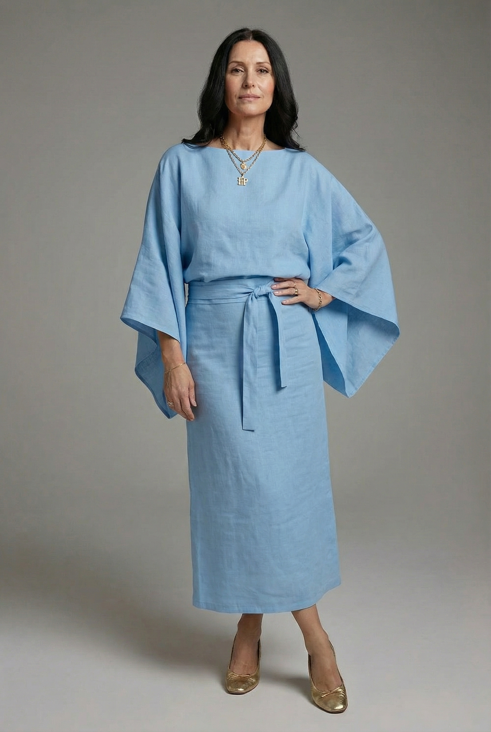 Women’s Kimono Midi Dress with Tie Waist and Kimono Sleeves 4