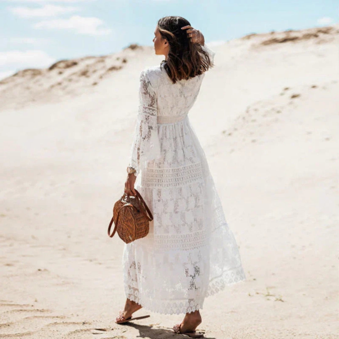 Women’s Lace Maxi Dress with V-Neckline, Long Sleeves, and Stretchy Waistband 1