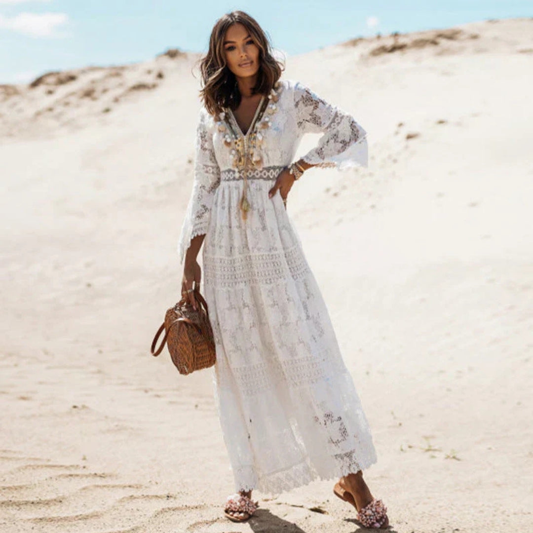 Women’s Lace Maxi Dress with V-Neckline, Long Sleeves, and Stretchy Waistband 2