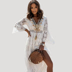 Women’s Lace Maxi Dress with V-Neckline, Long Sleeves, and Stretchy Waistband 3