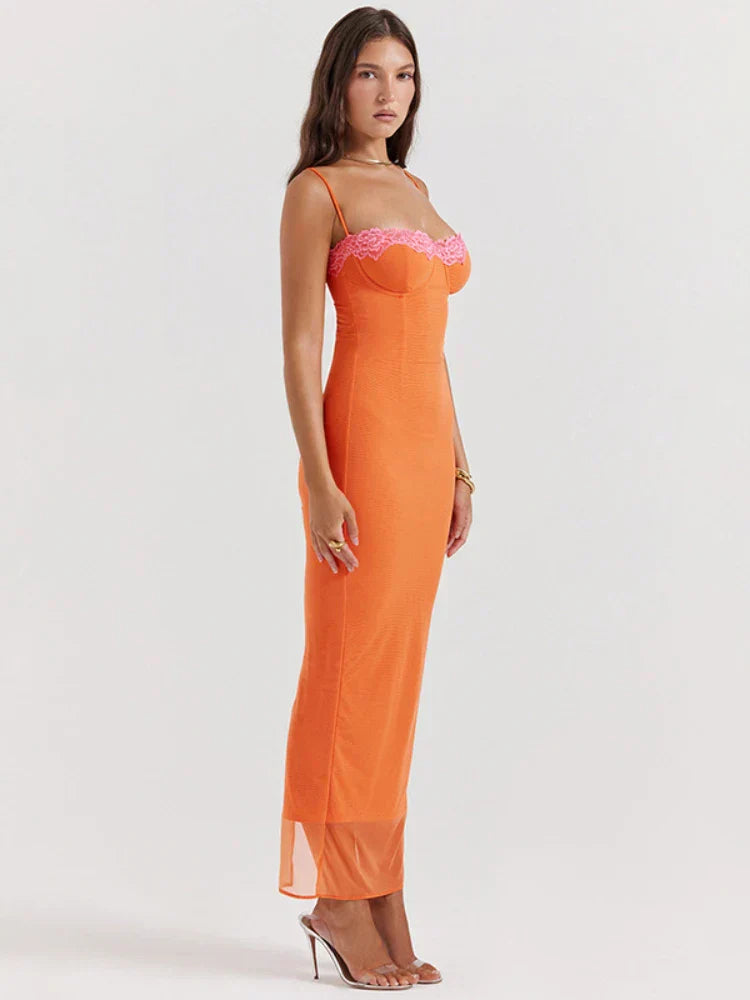 Women’s Lace Trim Bodycon Maxi Dress with Adjustable Spaghetti Straps 2