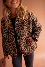 Women’s Leopard Print Bomber Jacket with Snap-Button Closure and Elastic Waistband 0