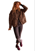 Women’s Leopard Print Bomber Jacket with Snap-Button Closure and Elastic Waistband 3