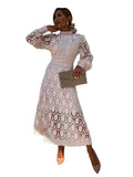 Women’s Lightweight Lace Dress with High Neck and Puff Sleeves 0