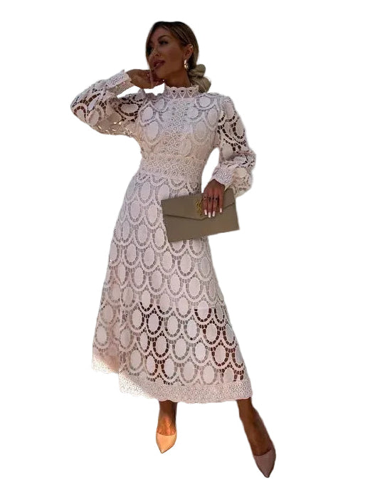 Women’s Lightweight Lace Dress with High Neck and Puff Sleeves 0