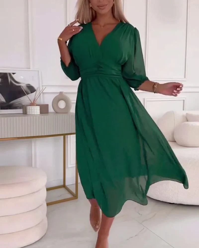 Women’s Lightweight Midi Dress with Puff Sleeves and V-Neckline 0