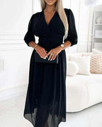 Women’s Lightweight Midi Dress with Puff Sleeves and V-Neckline 1