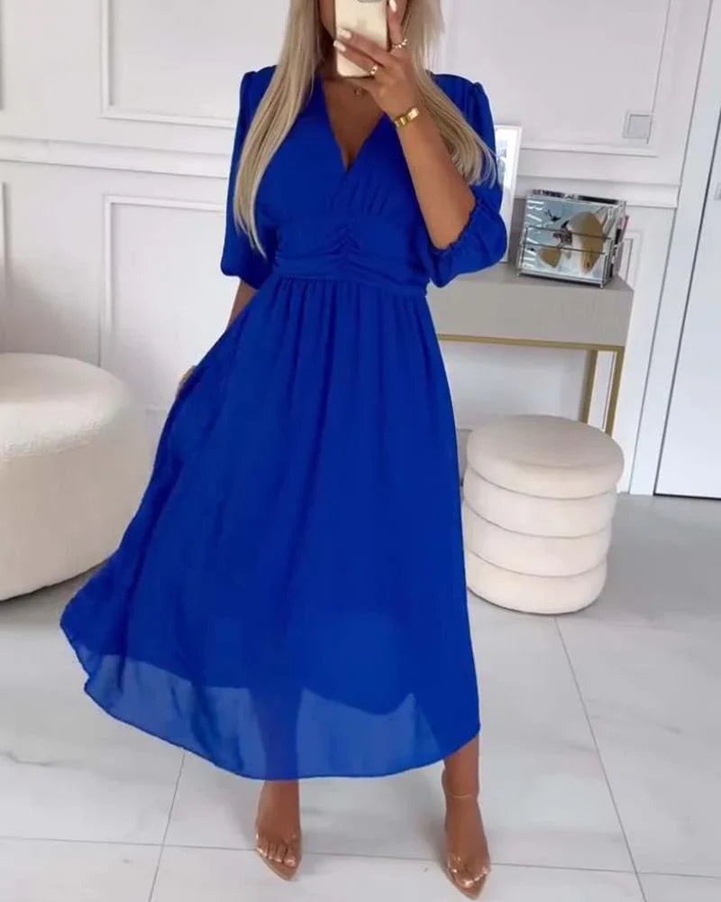 Women’s Lightweight Midi Dress with Puff Sleeves and V-Neckline 2