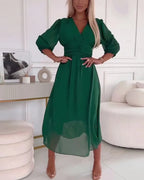 Women’s Lightweight Midi Dress with Puff Sleeves and V-Neckline 3