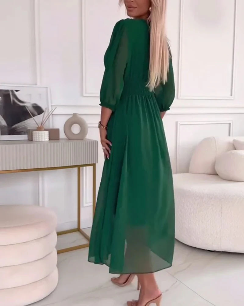 Women’s Lightweight Midi Dress with Puff Sleeves and V-Neckline 4