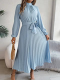 Women’s Long-Sleeve Midi Dress with Pleats and Belt 0