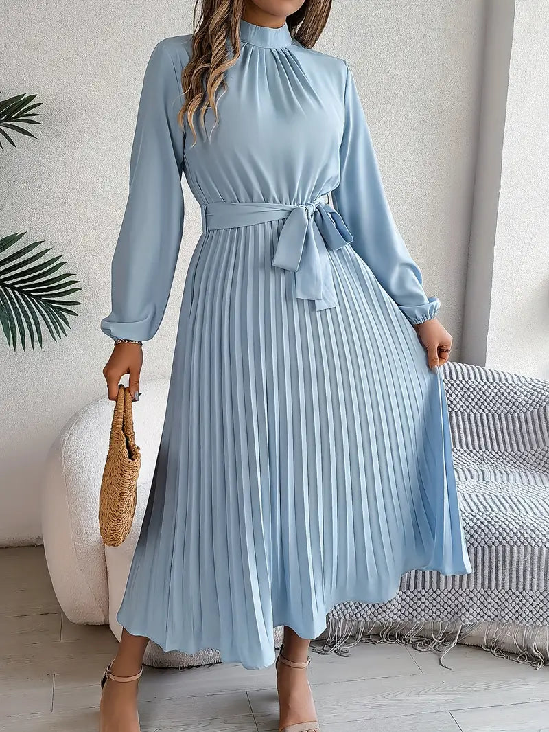 Women’s Long-Sleeve Midi Dress with Pleats and Belt 0