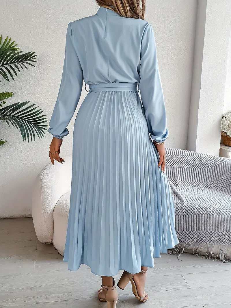 Women’s Long-Sleeve Midi Dress with Pleats and Belt 1