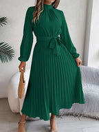 Women’s Long-Sleeve Midi Dress with Pleats and Belt 2
