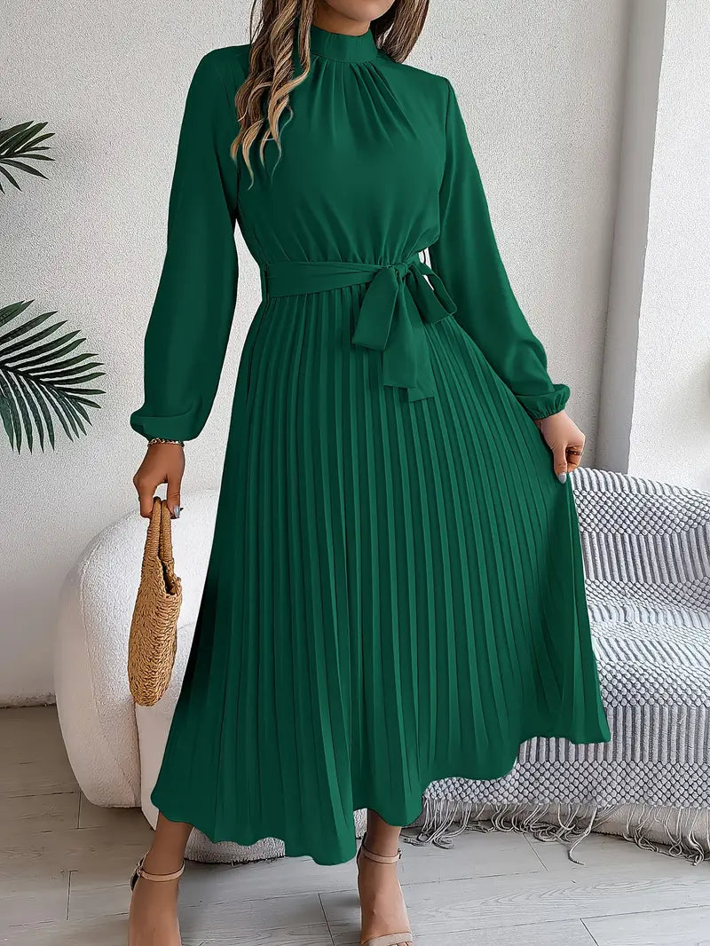 Women’s Long-Sleeve Midi Dress with Pleats and Belt 2