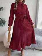 Women’s Long-Sleeve Midi Dress with Pleats and Belt 4