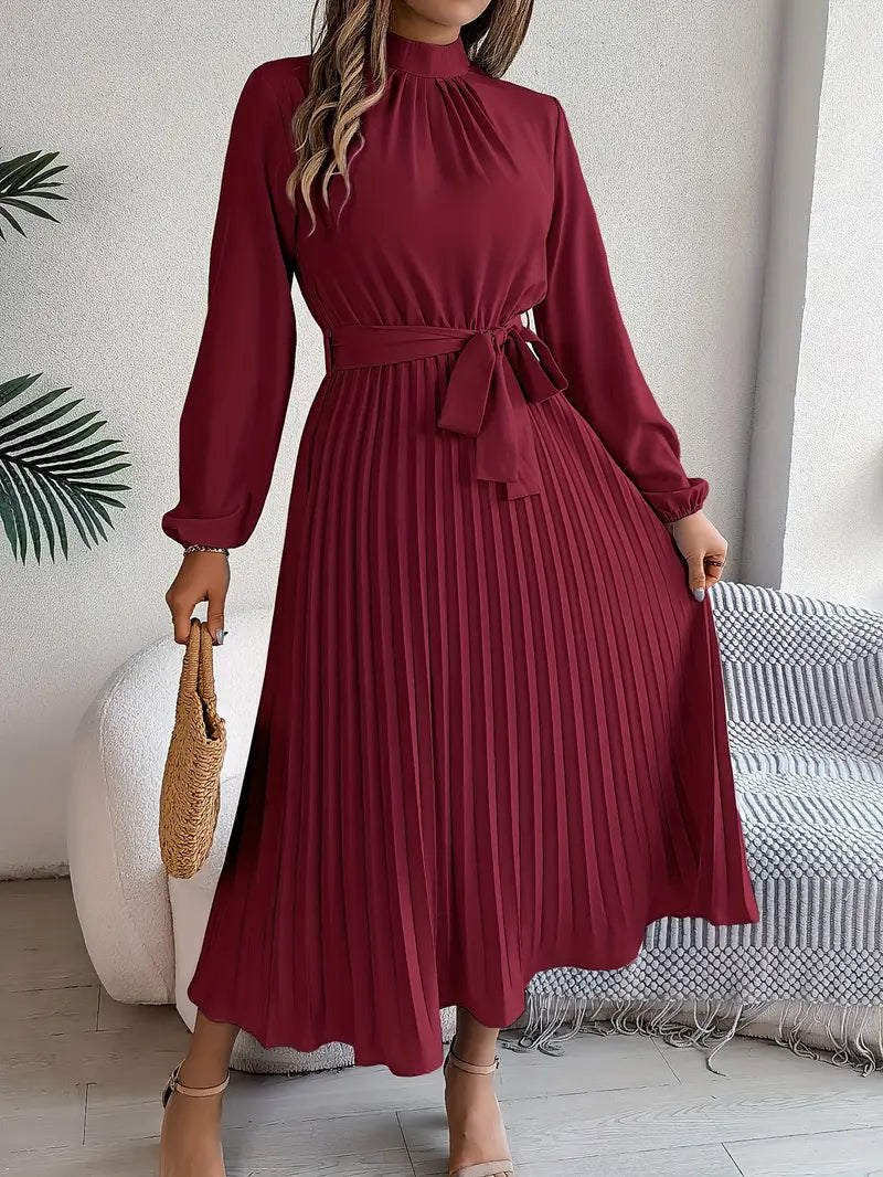 Women’s Long-Sleeve Midi Dress with Pleats and Belt 4