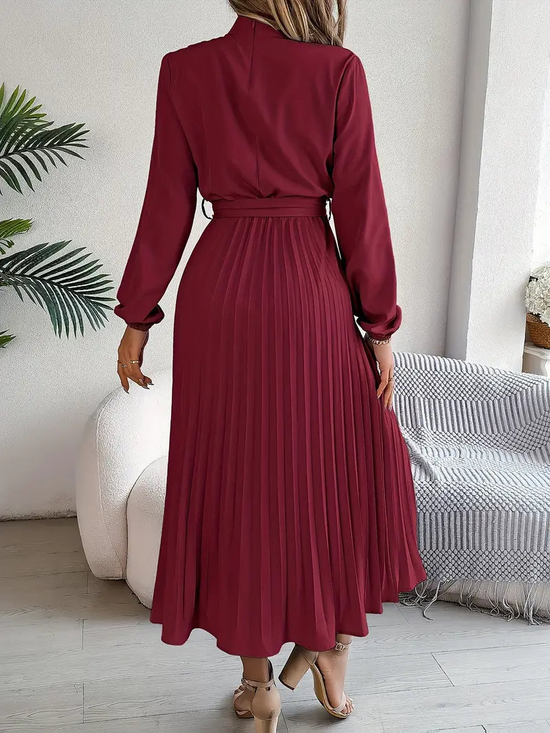 Women’s Long-Sleeve Midi Dress with Pleats and Belt 5