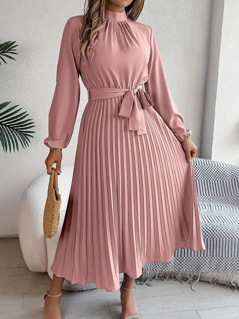 Women’s Long-Sleeve Midi Dress with Pleats and Belt 6