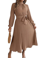 Women’s Long-Sleeve Midi Dress with Pleats and Belt 8