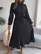 Women’s Long-Sleeve Midi Dress with Pleats and Belt 9