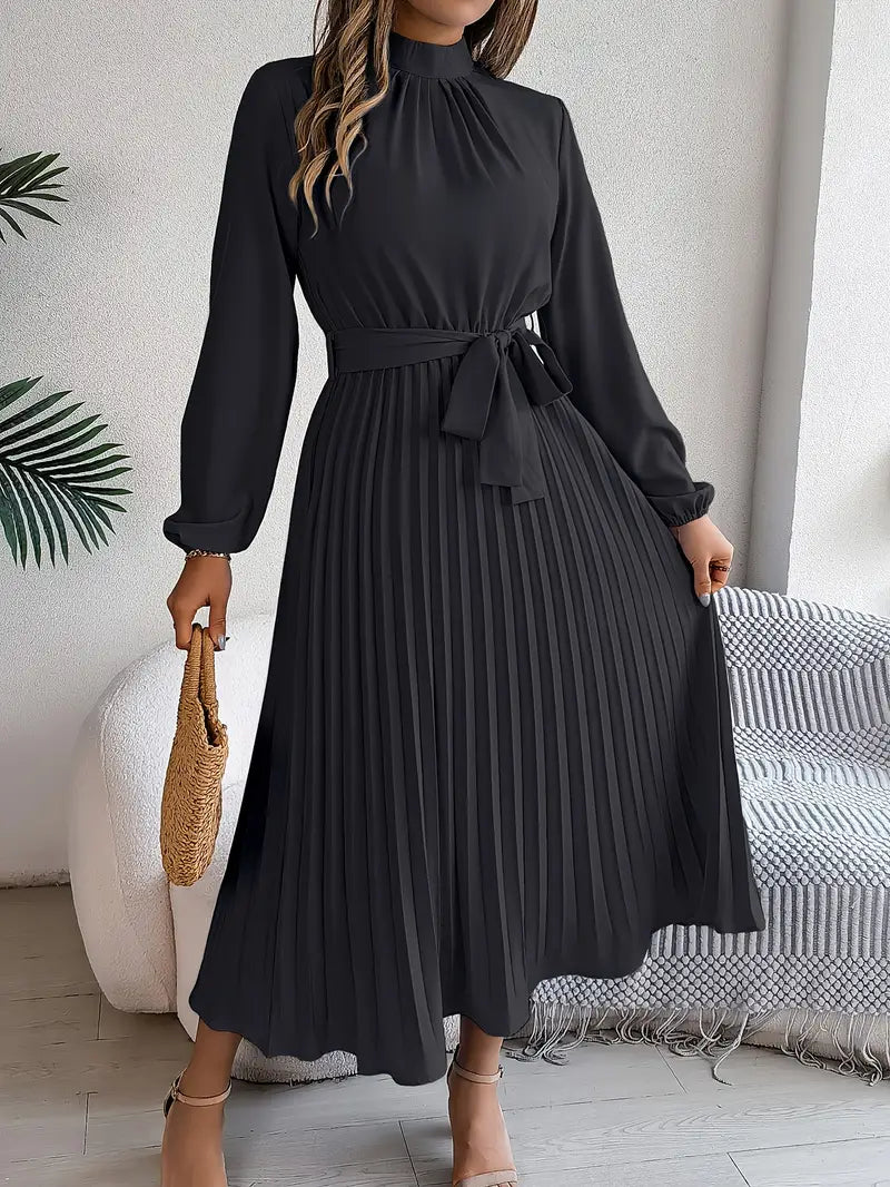 Women’s Long-Sleeve Midi Dress with Pleats and Belt 9