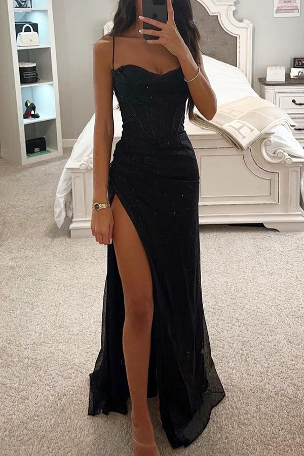 Women’s Long Maxi Dress with Corset Top, Spaghetti Straps, and Thigh-High Slit 0