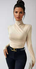 Women’s Long Sleeve Crossover Top with Waist Gathering in Soft Stretch Fabric 0