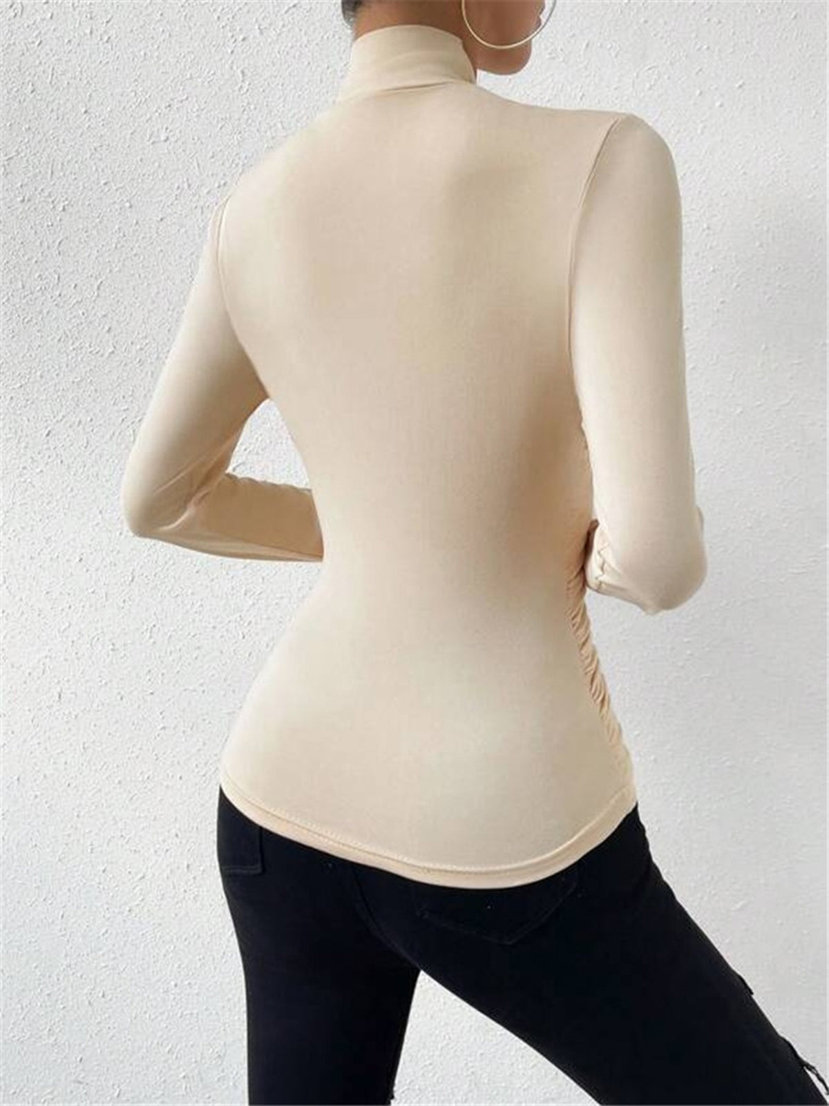 Women’s Long Sleeve Crossover Top with Waist Gathering in Soft Stretch Fabric 1