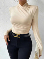 Women’s Long Sleeve Crossover Top with Waist Gathering in Soft Stretch Fabric 2
