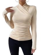 Women’s Long Sleeve Crossover Top with Waist Gathering in Soft Stretch Fabric 3