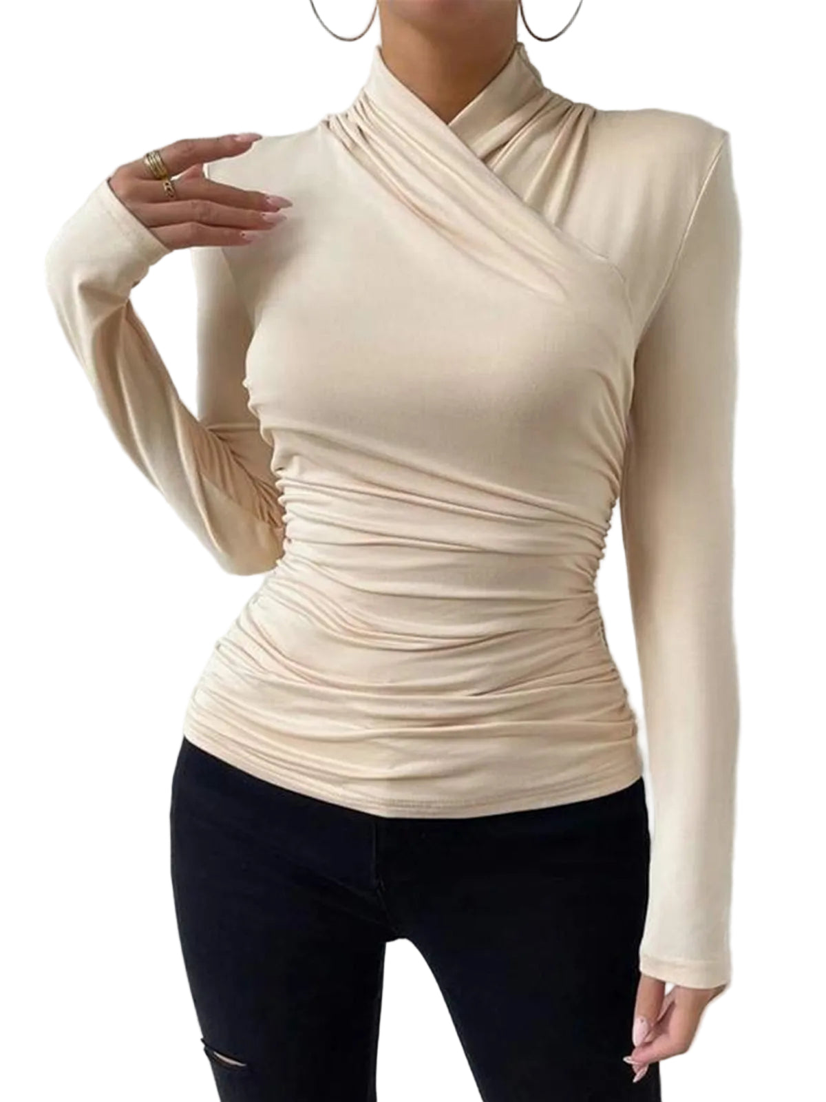 Women’s Long Sleeve Crossover Top with Waist Gathering in Soft Stretch Fabric 3