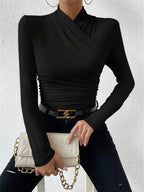 Women’s Long Sleeve Crossover Top with Waist Gathering in Soft Stretch Fabric 4