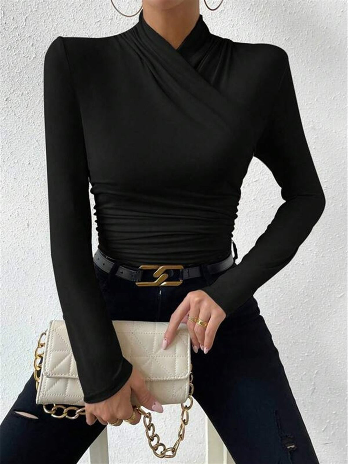 Women’s Long Sleeve Crossover Top with Waist Gathering in Soft Stretch Fabric 4