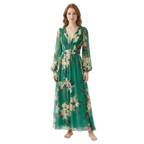 Women’s Long Sleeve Floral Maxi Dress with V-Neck and High Waist 0