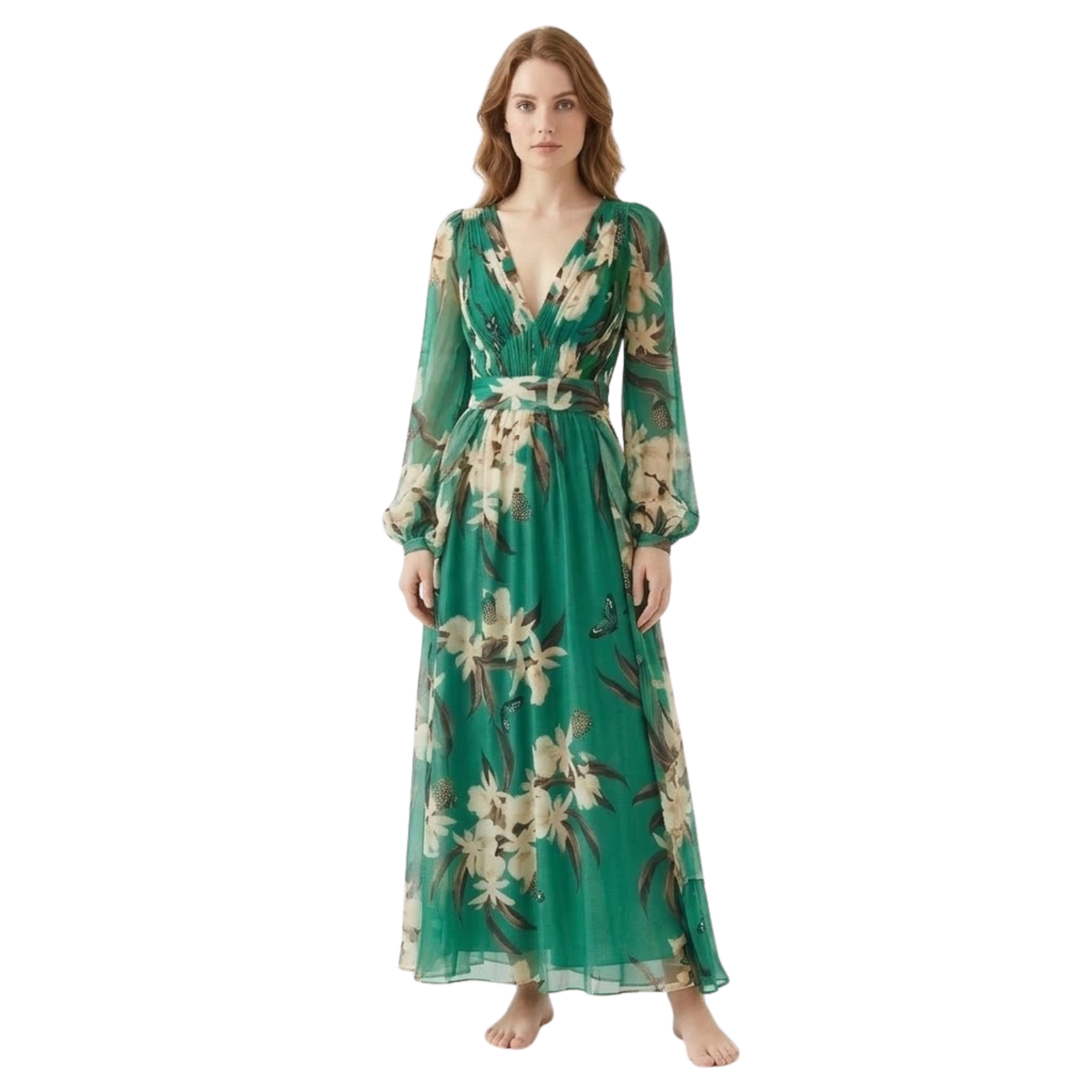 Women’s Long Sleeve Floral Maxi Dress with V-Neck and High Waist 0