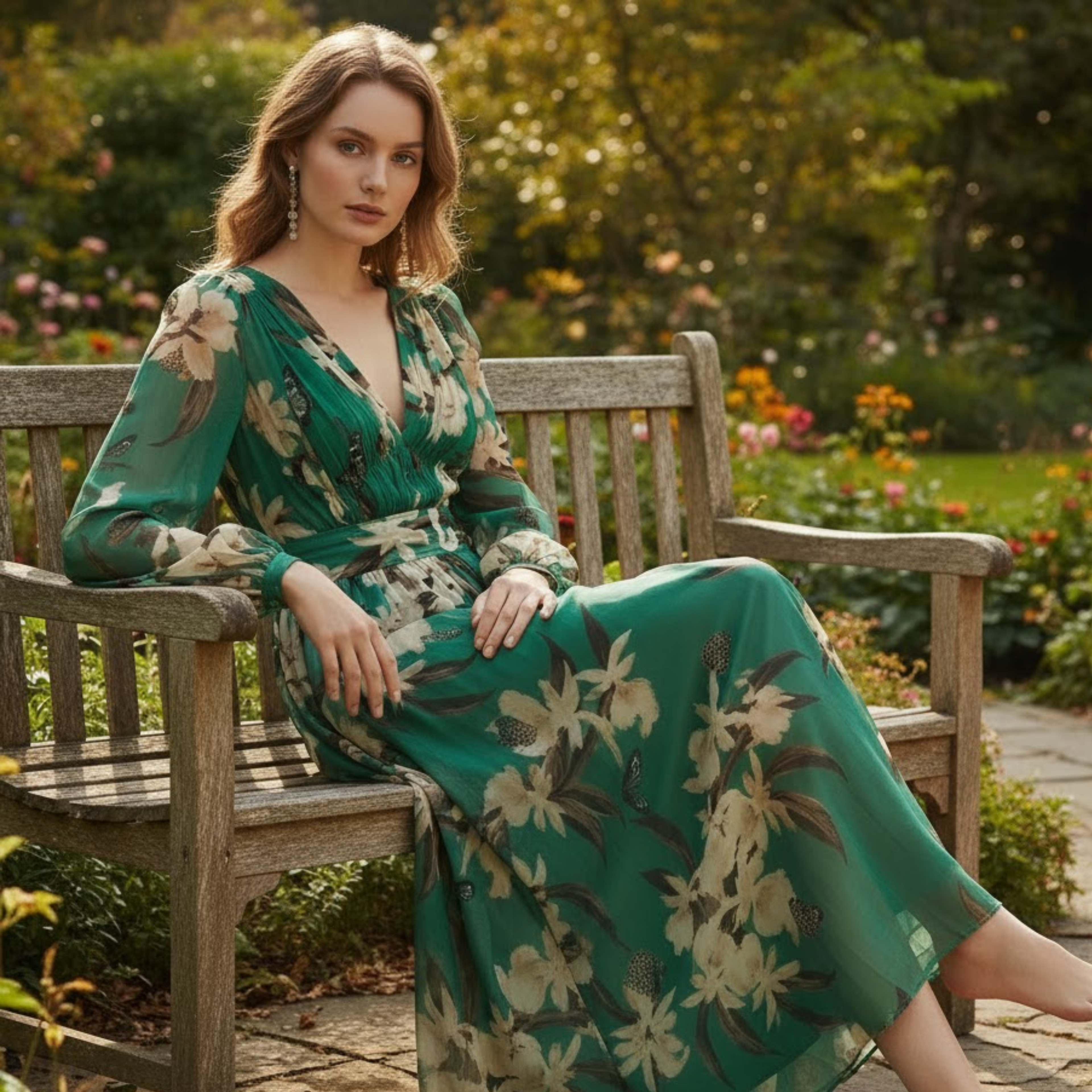 Women’s Long Sleeve Floral Maxi Dress with V-Neck and High Waist 2
